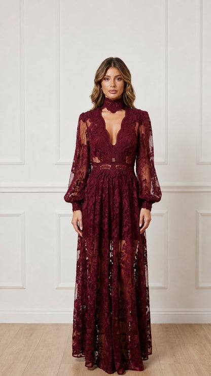 Front view of burgundy sheer lace maxi dress