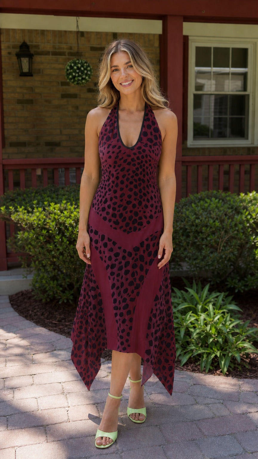Front view of burgundy leopard print midi dress
