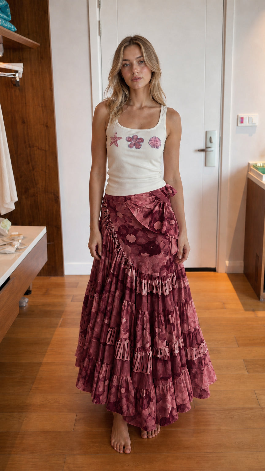 Front view of woman wearing burgundy floral wrap long skirt
