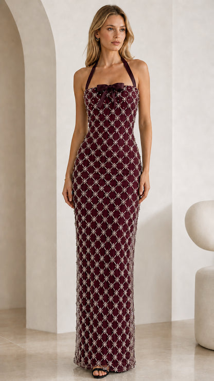 Burgundy rhinestone halter maxi dress