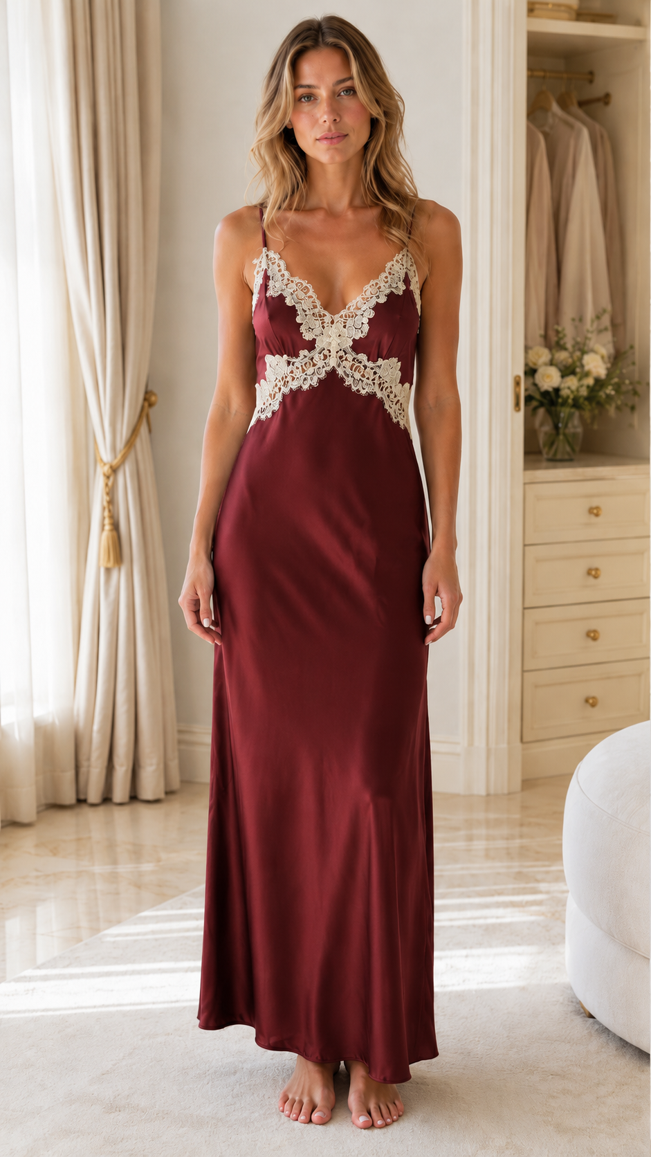 Model wearing burgundy satin maxi slip dress from front
