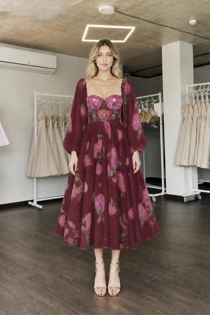 Front view of burgundy floral midi dress