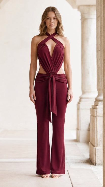 Front view of burgundy halter neck cutout jumpsuit