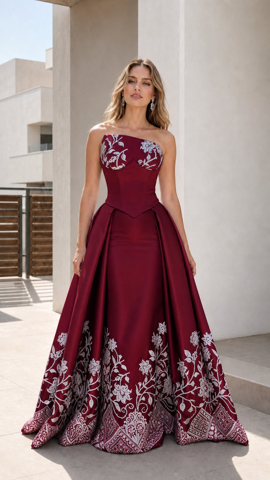 Burgundy strapless floral ball gown shown from the front