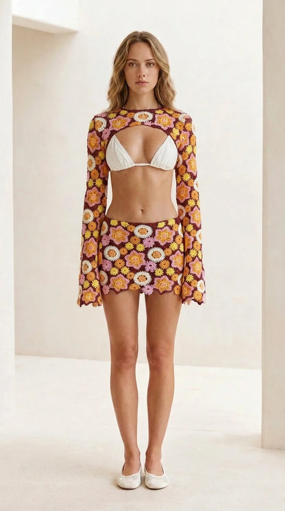 Front view of burgundy floral crochet set