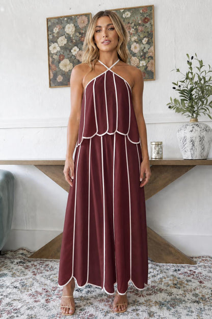 Model wearing solid burgundy variant with white scalloped trim