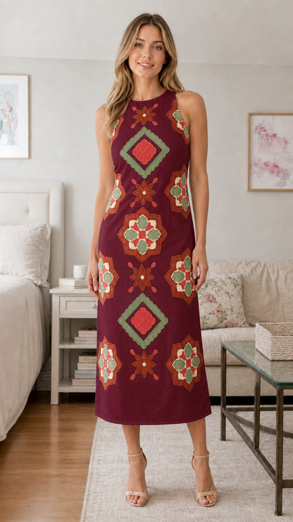 Front view of burgundy geometric embroidered midi dress