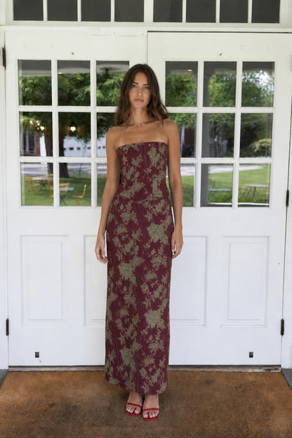 Floral Print Strapless Lace-Up Back Maxi Dress in Burgundy