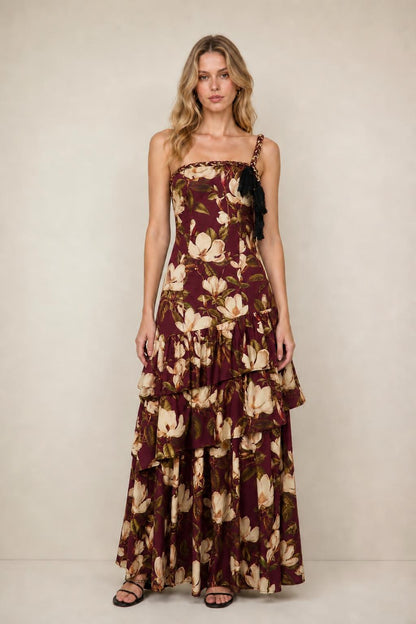 Front view of floral print tiered maxi dress in burgundy