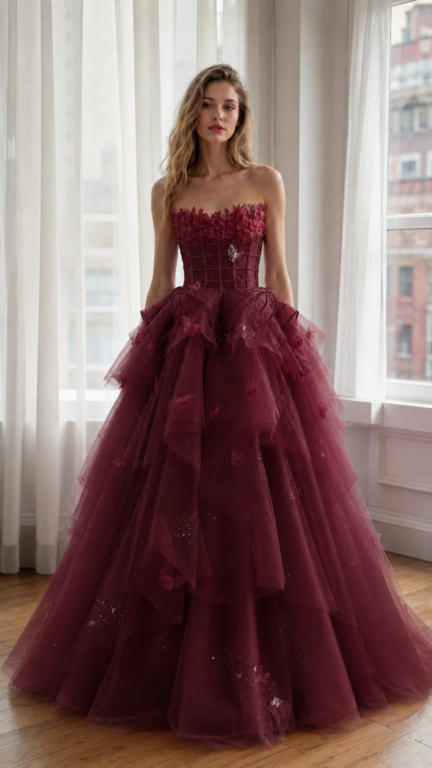 Burgundy Tulle Ball Gown Front View