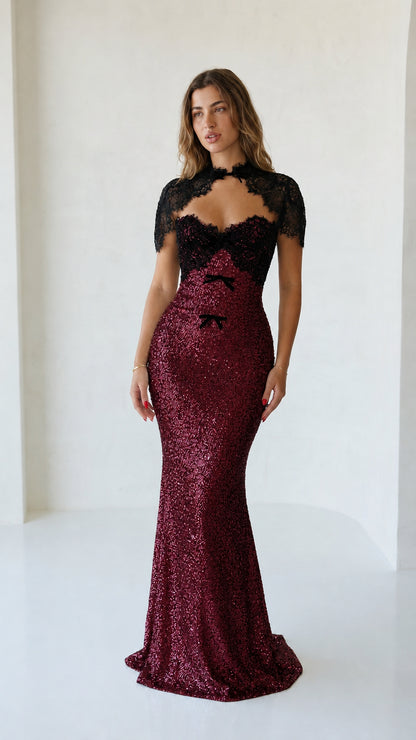 Burgundy sequin evening gown with black lace bodice
