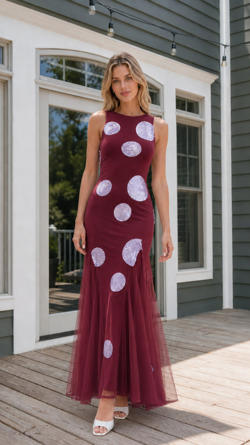 Burgundy color variant of sequin polka dot maxi dress