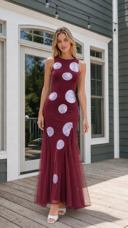 Burgundy color variant of sequin polka dot maxi dress