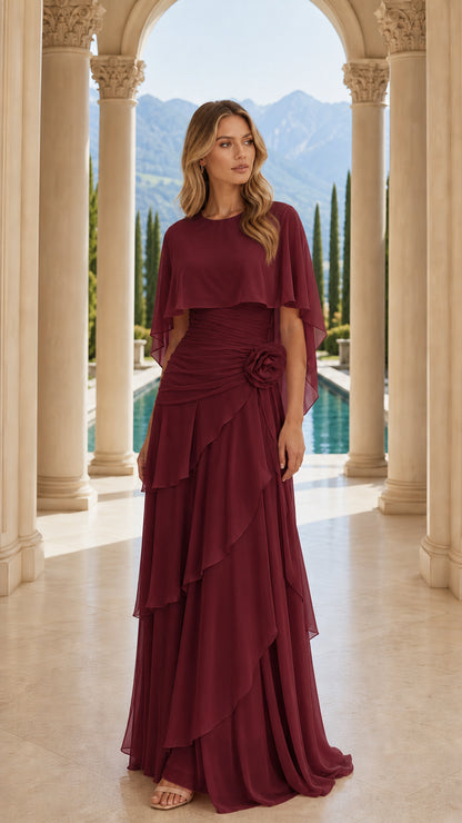 Front view of burgundy chiffon evening dress