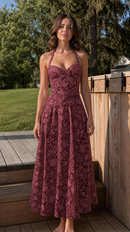 Woman wearing burgundy floral halter midi dress