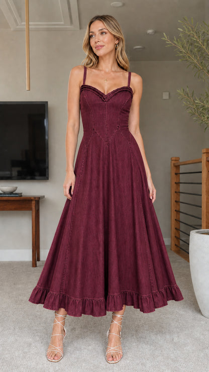 Women's Burgundy Denim Midi Dress Front View