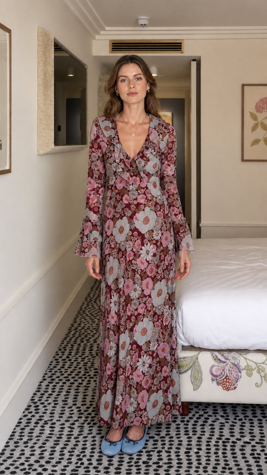 Model wearing burgundy floral maxi dress variant