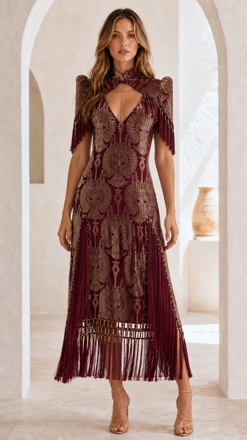 Elegance Fringe Embellished Damask Midi Dress in Burgundy