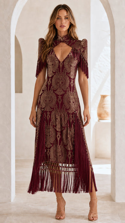 Elegance Fringe Embellished Damask Midi Dress in Burgundy
