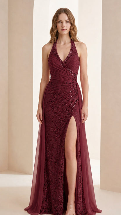 Burgundy color variant of halter neck beaded evening dress