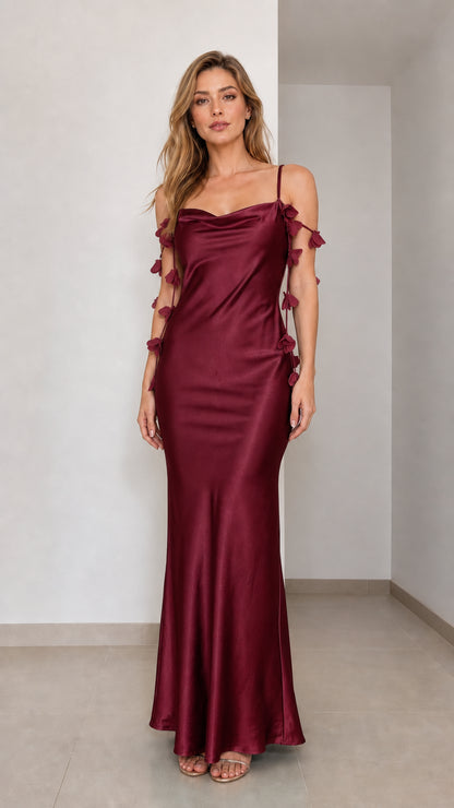 Front view of burgundy satin maxi dress