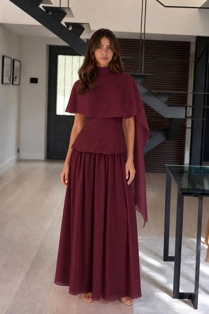 Elegance Cape Overlay Mock Neck Maxi Dress in Burgundy