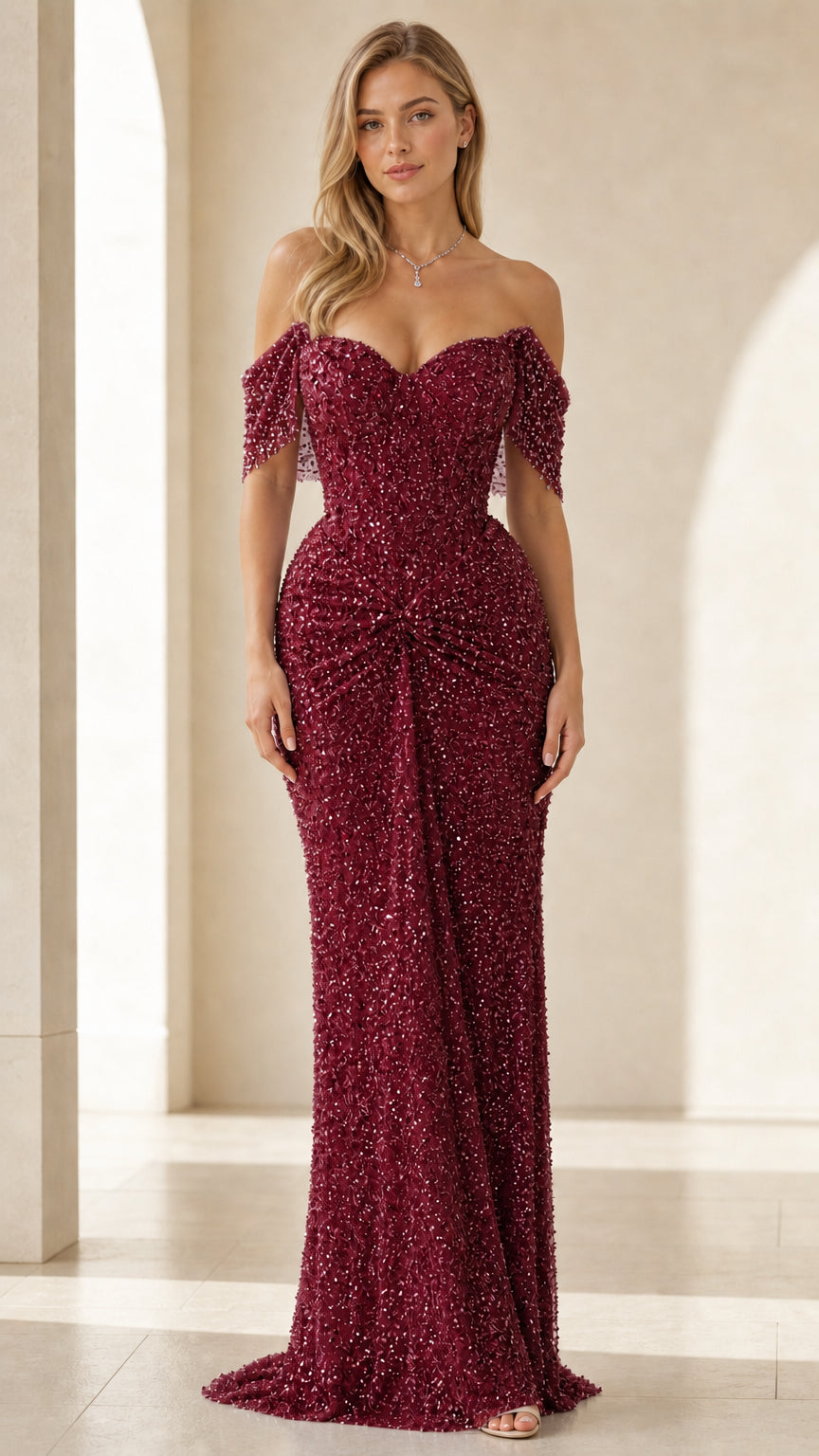 Front view of burgundy off-shoulder sequin evening gown