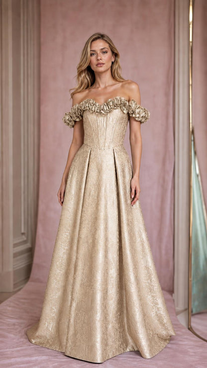 Model wearing champagne off-shoulder brocade evening gown