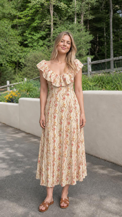 Front view of cream floral midi dress variant