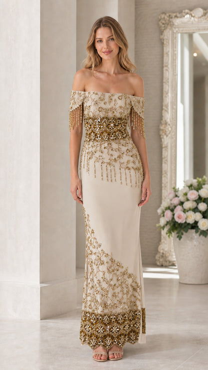 Champagne variant of off-shoulder beaded formal evening dress