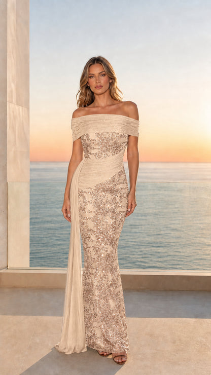 Front view of champagne off-shoulder sequin mermaid evening gown