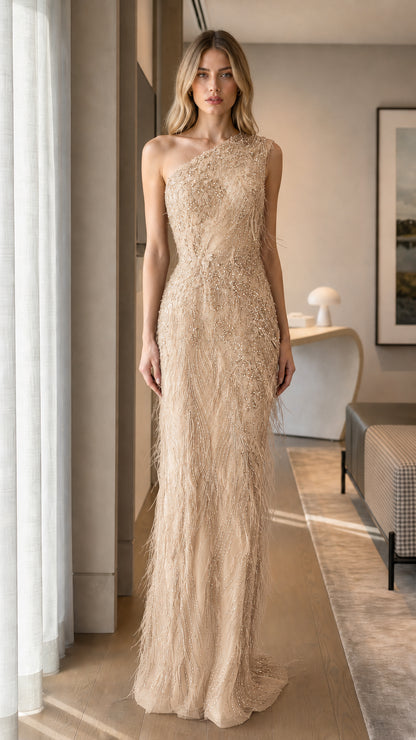Champagne One-Shoulder Beaded Formal Evening Dress Front View