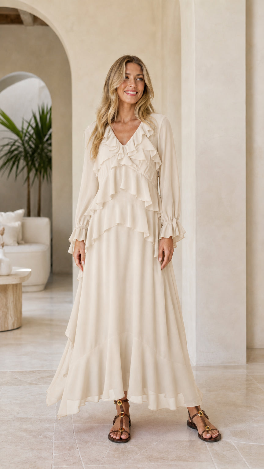Model wearing beige tiered ruffle long sleeve maxi dress