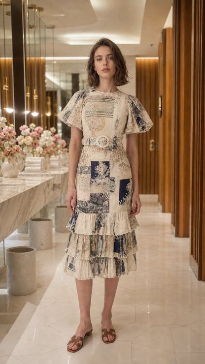Full view of woman wearing beige patchwork midi dress