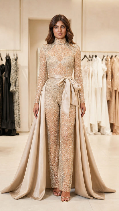 Front view of champagne sequin jumpsuit with matching satin overskirt