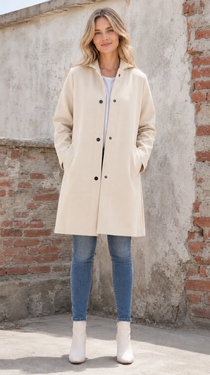 Front full view of woman wearing beige hooded coat