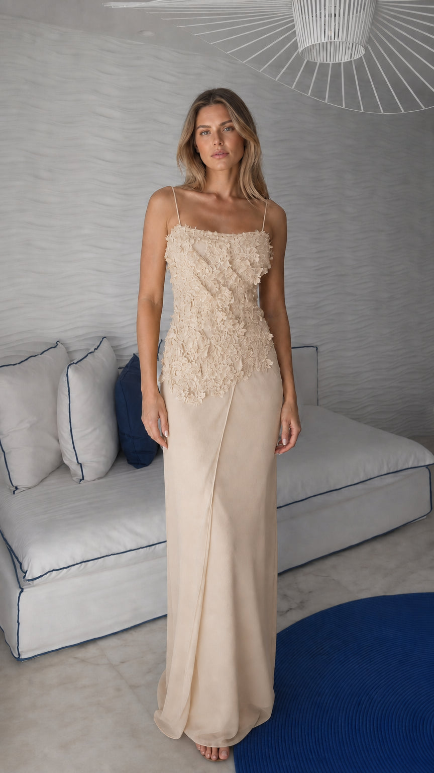 Front view of champagne floral applique maxi dress