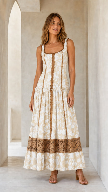 Front view of cream floral maxi dress variant