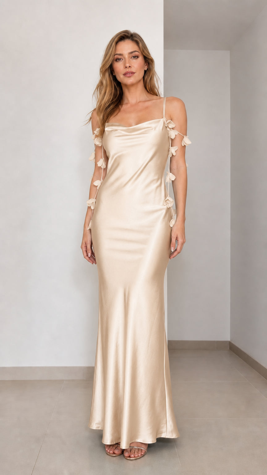 Front view of champagne satin maxi dress