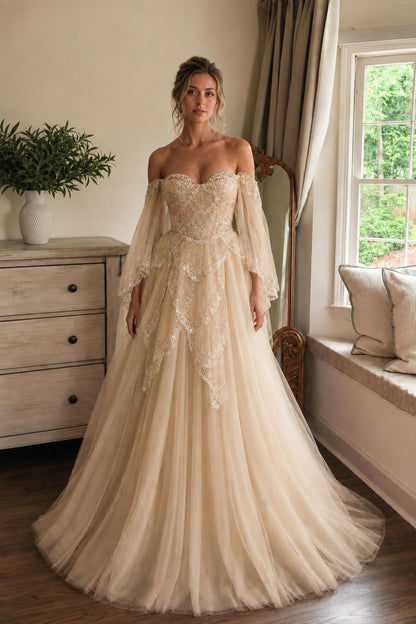 Champagne variant of the off-the-shoulder tulle ball gown