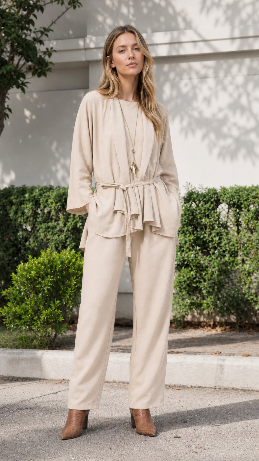 Woman wearing beige two-piece tunic and pants set