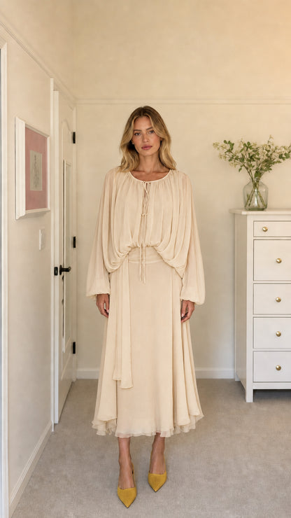 Model wearing beige long-sleeve pleated midi dress