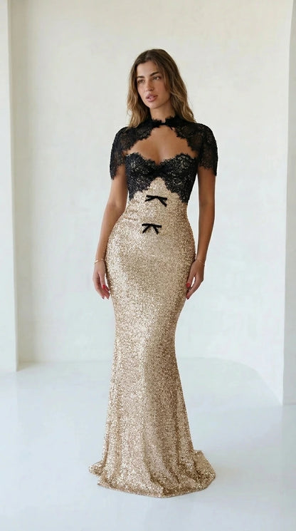 Gold sequin evening gown with black lace bodice