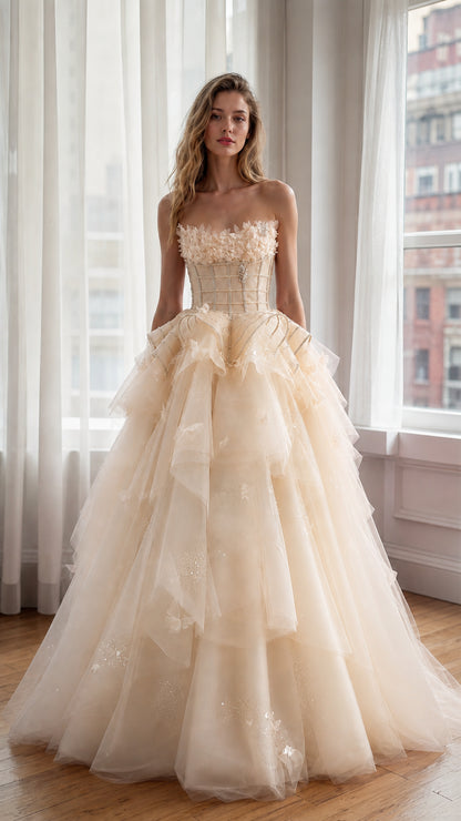 Champagne Tulle Ball Gown Front View