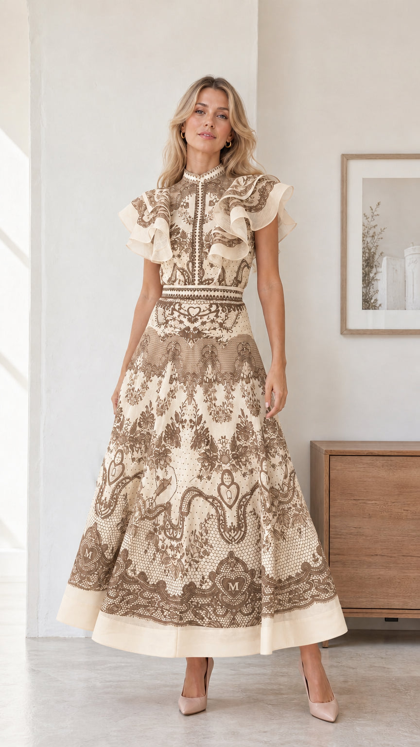 Full view of model wearing beige color variant
