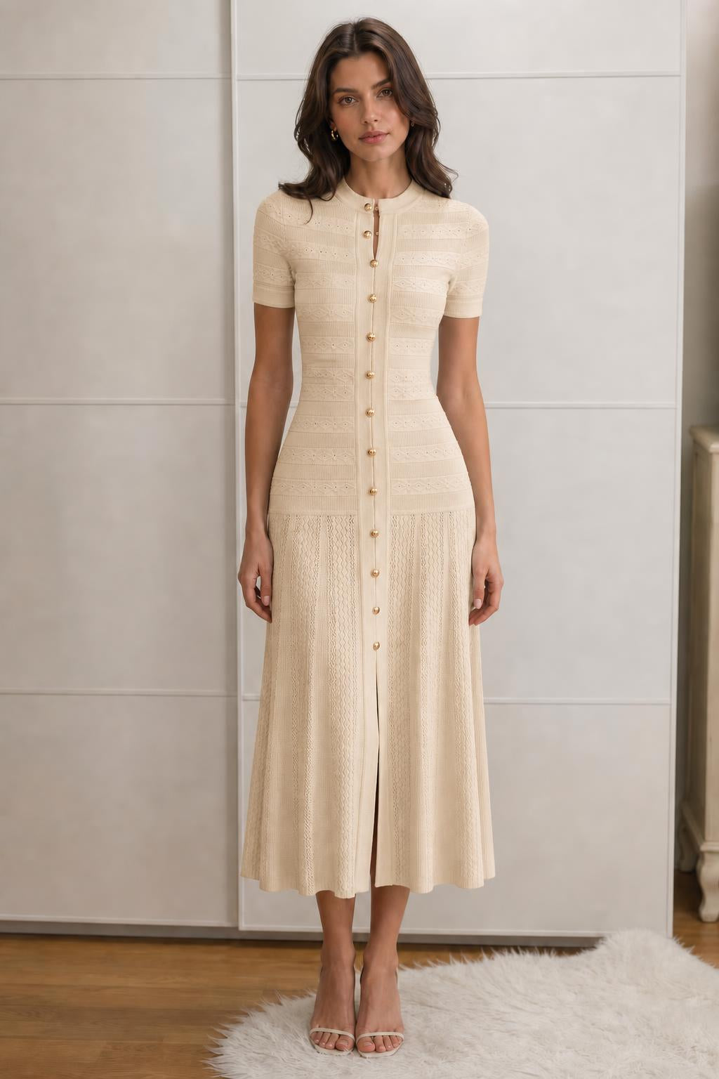 Front view of beige knit midi dress on model