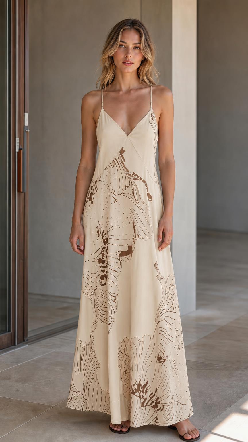 Front view of model wearing beige floral maxi dress