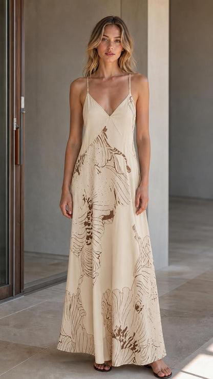 Front view of model wearing beige floral maxi dress