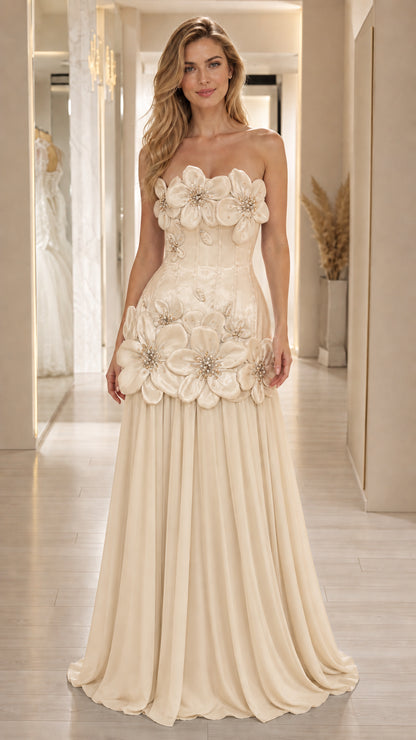 Front view of champagne 3D floral strapless evening gown