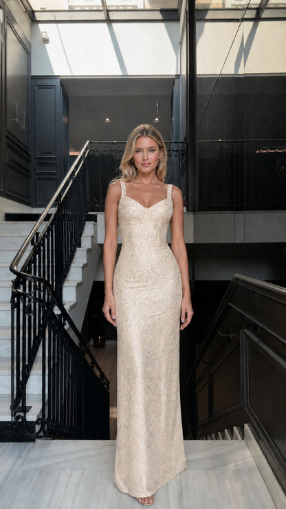 Front view of champagne metallic lace evening dress